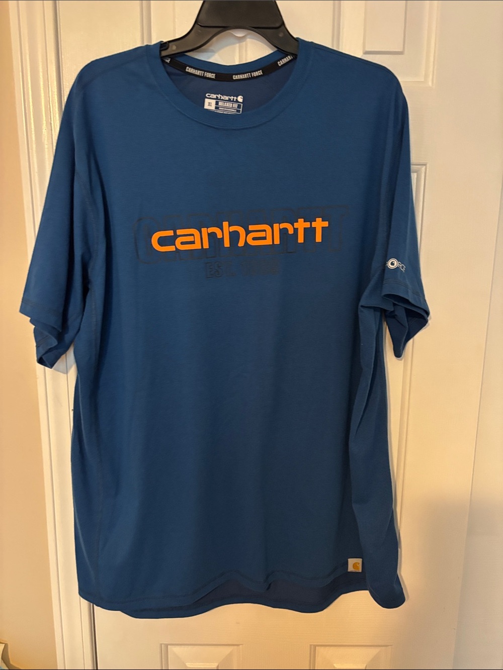 Carhartt Blue Short Sleeve Tee with Orange Logo